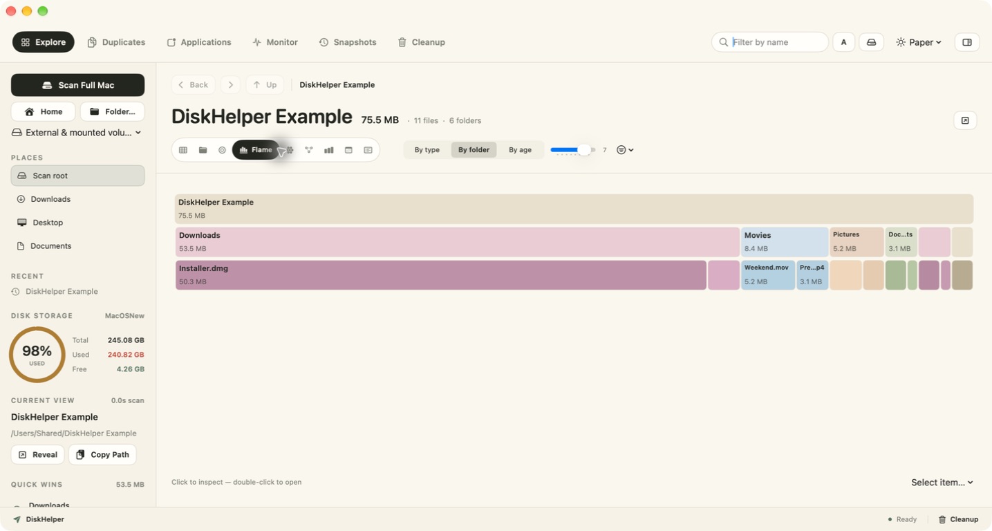 DiskHelper flame graph stacking folder depth from the scan root downward.