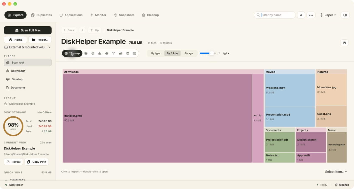 DiskHelper treemap where files are rectangles sized by disk usage.